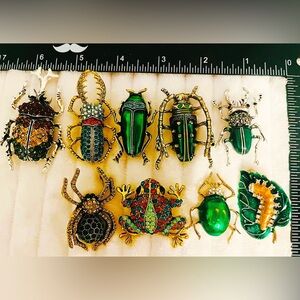 Lot of 9 Green Insect Brooches Rhinestone Enamel Beetle Spider Frog Caterpillar
